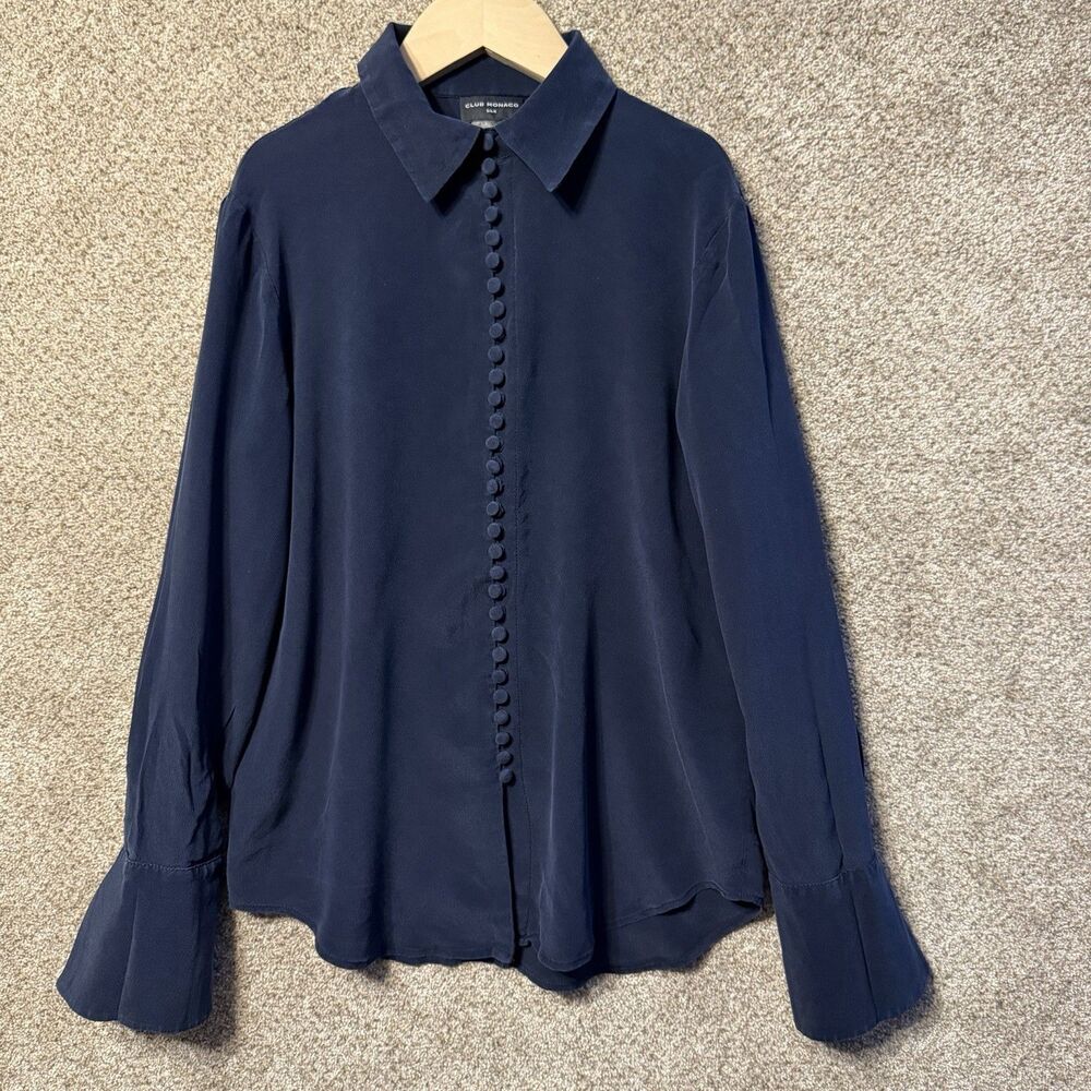 Club Monaco Helek Silk Blouse Navy Blue Shirt Covered Buttons Flare Cuffs XS